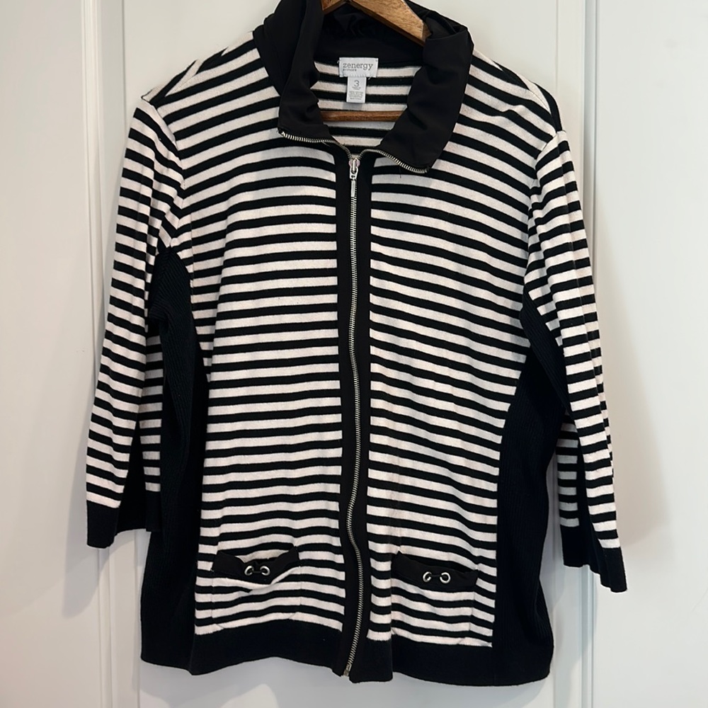 Zenergy XL black white striped zip up jacket 3/4 sleeve women’s